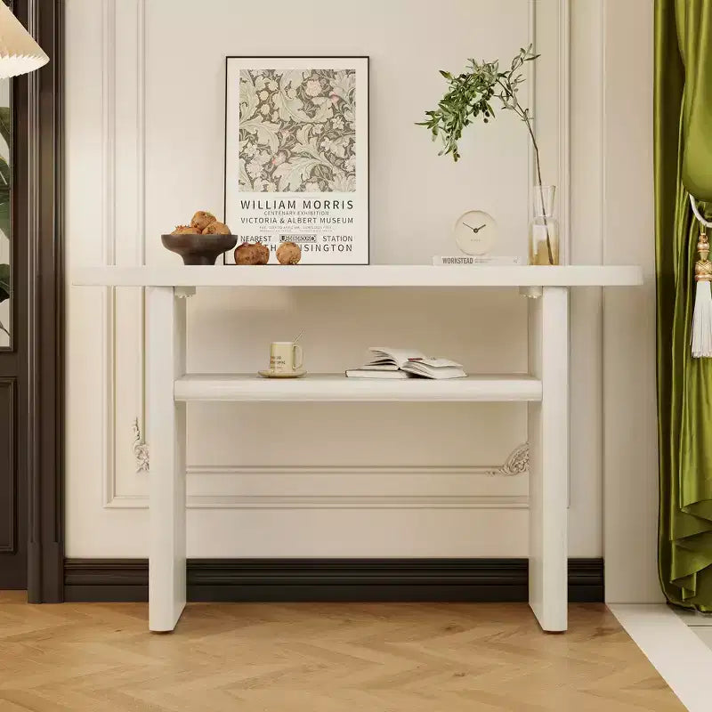 Console élégante et minimaliste avec bords arrondis et étagère robuste pour le salon, finition gris délavé.