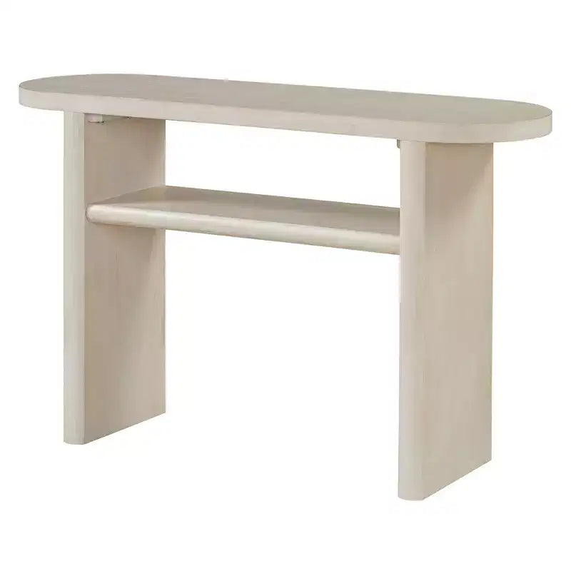 Console élégante et minimaliste avec bords arrondis et étagère robuste pour le salon, finition gris délavé.