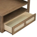 Table basse moderne avec étagère de rangement, double plateau et tiroir en rotin pour salon