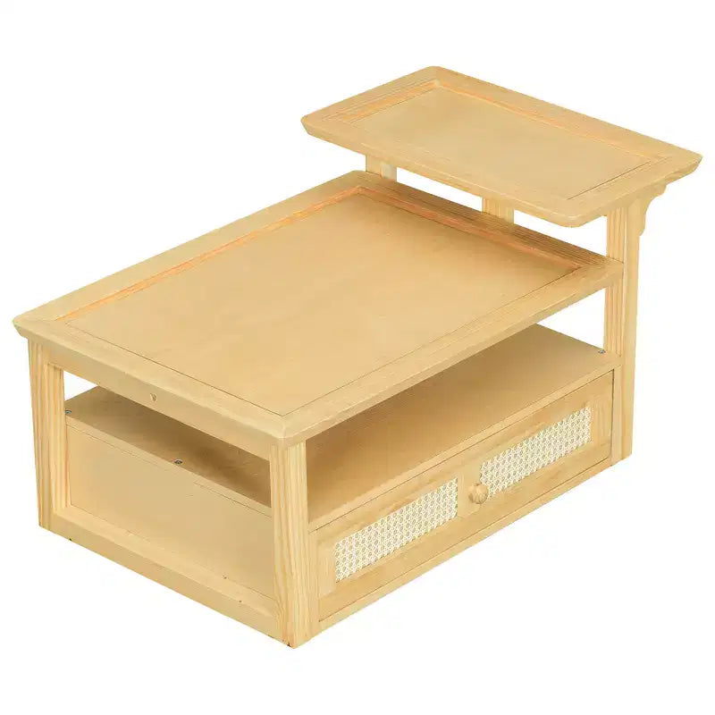 Table basse moderne avec étagère de rangement, double plateau et tiroir en rotin pour salon