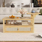 Table basse moderne avec étagère de rangement, double plateau et tiroir en rotin pour salon