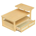Table basse moderne avec étagère de rangement, double plateau et tiroir en rotin pour salon
