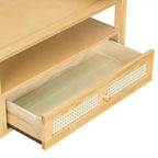 Table basse moderne avec étagère de rangement, double plateau et tiroir en rotin pour salon