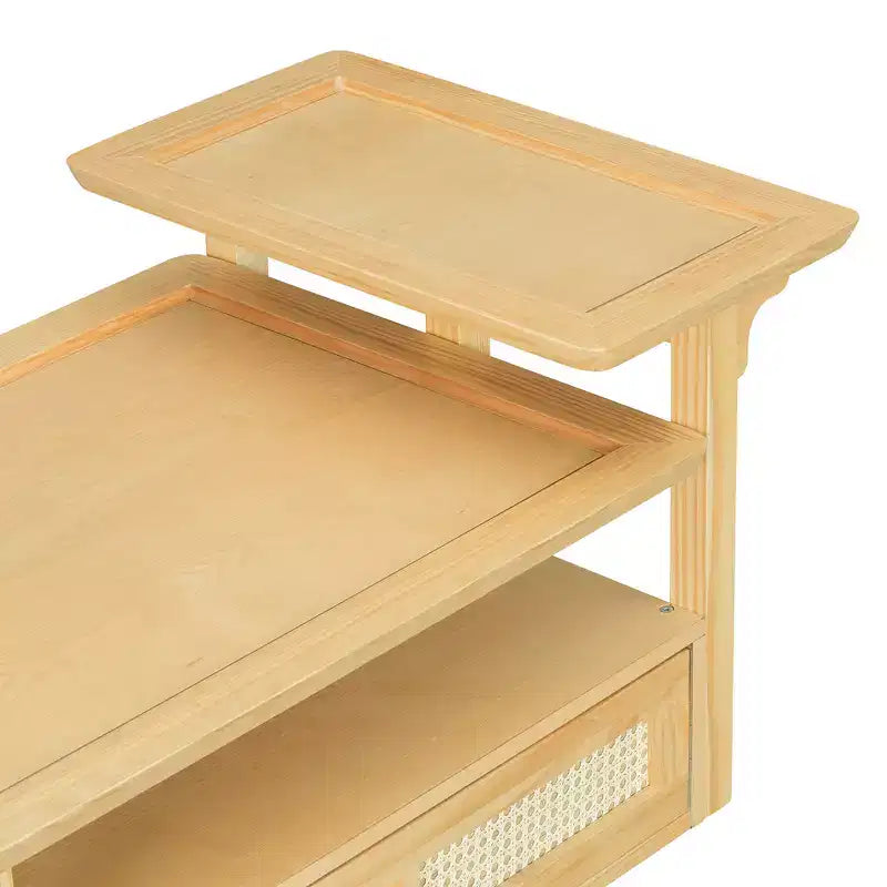 Table basse moderne avec étagère de rangement, double plateau et tiroir en rotin pour salon