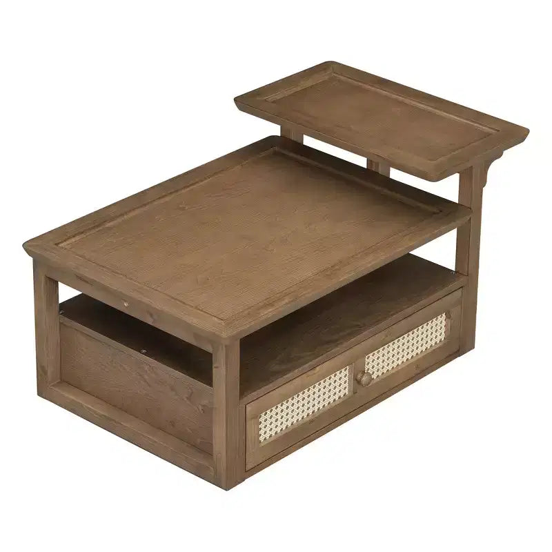 Table basse moderne avec étagère de rangement, double plateau et tiroir en rotin pour salon