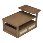 Table basse moderne avec étagère de rangement, double plateau et tiroir en rotin pour salon