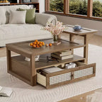 Table basse moderne avec étagère de rangement, double plateau et tiroir en rotin pour salon