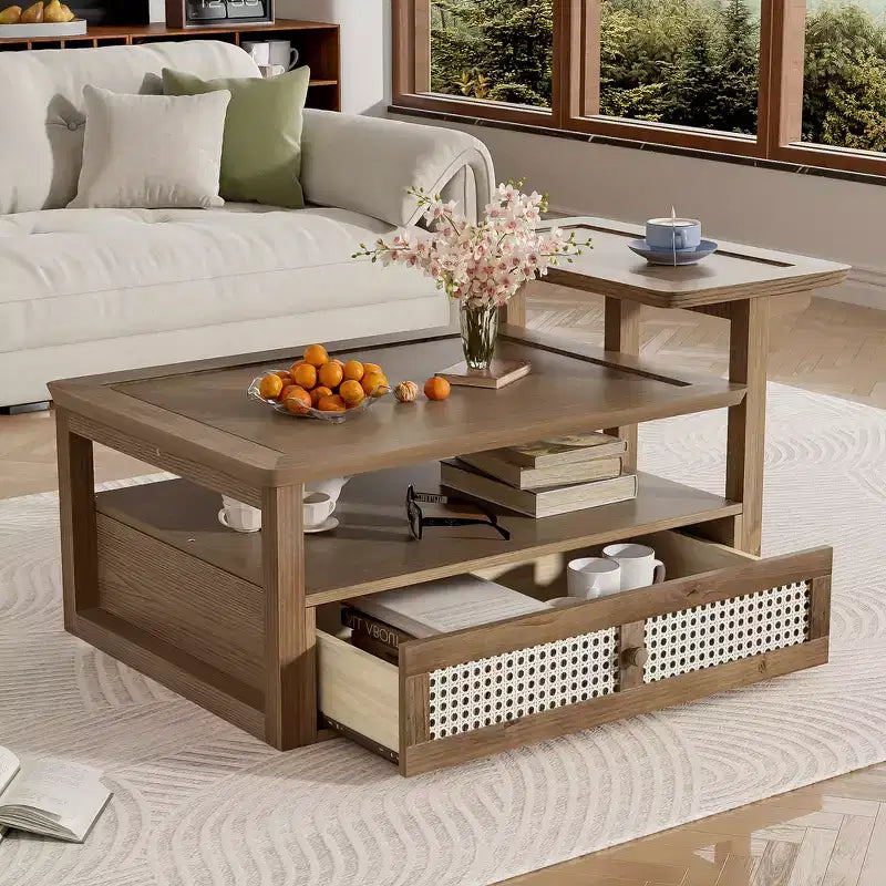 Table basse moderne avec étagère de rangement, double plateau et tiroir en rotin pour salon