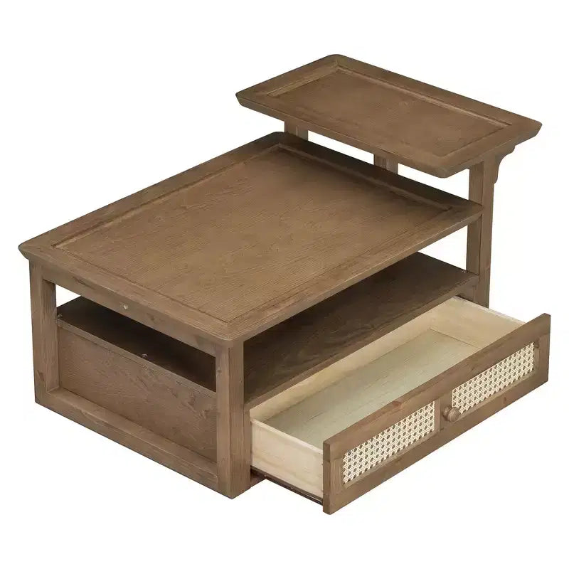 Table basse moderne avec étagère de rangement, double plateau et tiroir en rotin pour salon