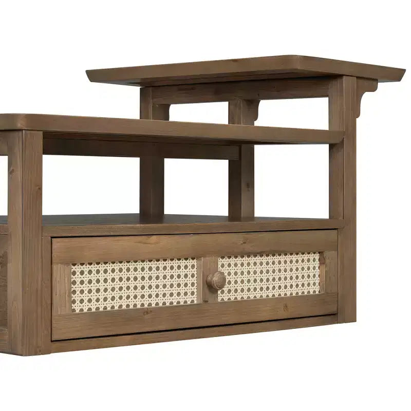 Table basse moderne avec étagère de rangement, double plateau et tiroir en rotin pour salon