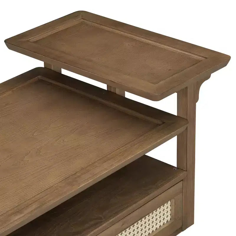 Table basse moderne avec étagère de rangement, double plateau et tiroir en rotin pour salon