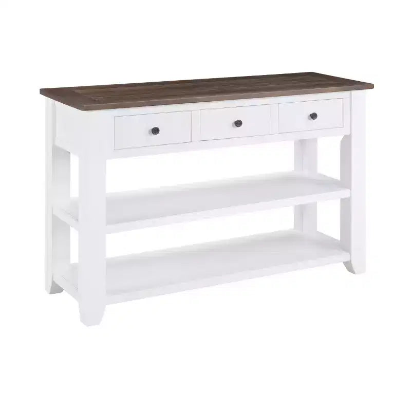 44Console avec deux étagères ouvertes, cadre et pieds en pin massif pour salon, marron et blanc
