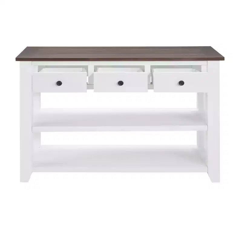 44Console avec deux étagères ouvertes, cadre et pieds en pin massif pour salon, marron et blanc