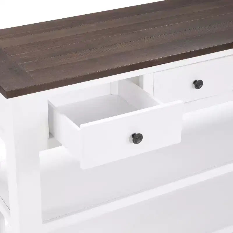 44Console avec deux étagères ouvertes, cadre et pieds en pin massif pour salon, marron et blanc