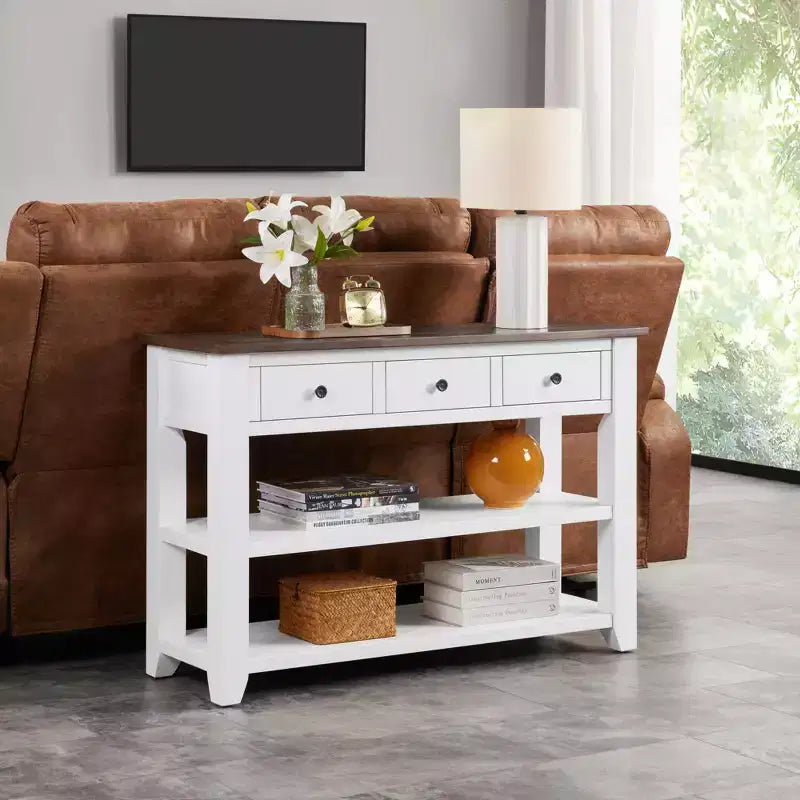 44Console avec deux étagères ouvertes, cadre et pieds en pin massif pour salon, marron et blanc