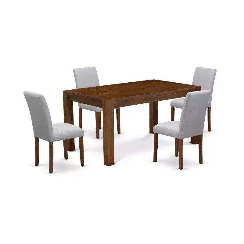 Table à manger moderne Belmont 5 pièces - 4 chaises de salle à manger, table à manger en bois - Siège en tissu de lin gris, dossier haut (Finition Noyer Antique)