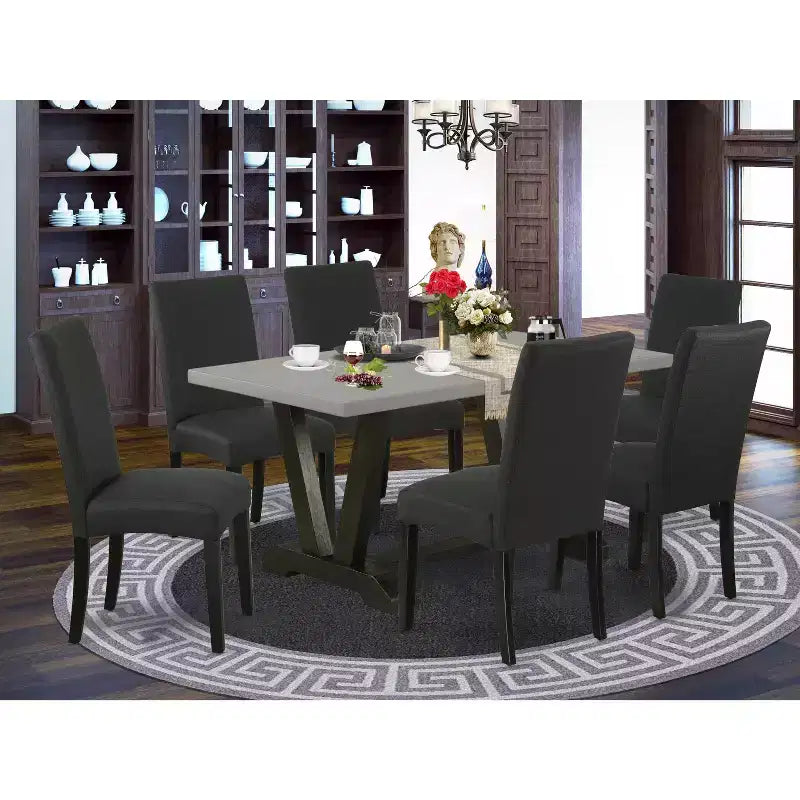 Salle à manger 7 pièces Belmont – 6 chaises de salle à manger et une table rectangulaire, finition ciment et noir