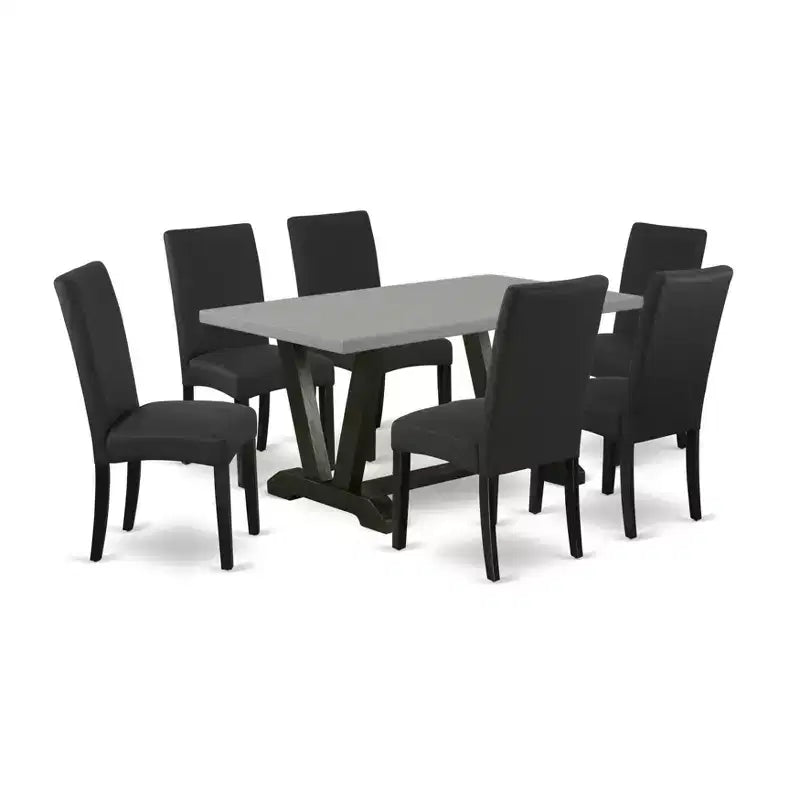 Salle à manger 7 pièces Belmont – 6 chaises de salle à manger et une table rectangulaire, finition ciment et noir