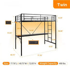 Lit mezzanine double avec bureau, cadre de lit superposé en métal avec lumière LED et 2 stations de charge, avec échelle pour adultes, noir