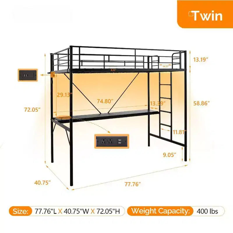 Lit mezzanine double avec bureau, cadre de lit superposé en métal avec lumière LED et 2 stations de charge, avec échelle pour adultes, noir