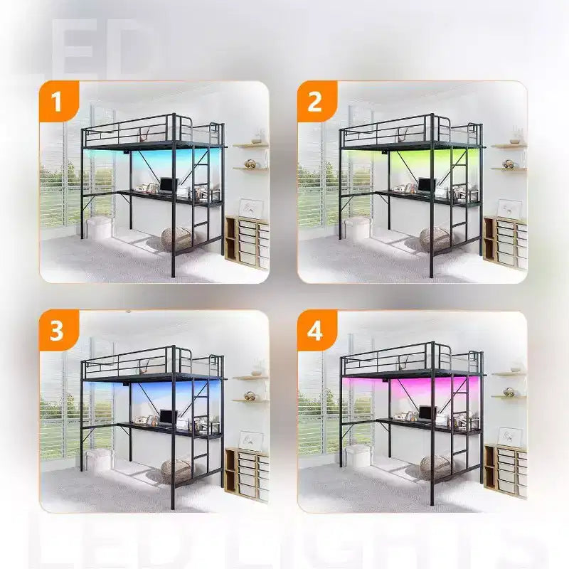 Lit mezzanine double avec bureau, cadre de lit superposé en métal avec lumière LED et 2 stations de charge, avec échelle pour adultes, noir