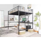 Lit mezzanine double avec bureau, cadre de lit superposé en métal avec lumière LED et 2 stations de charge, avec échelle pour adultes, noir