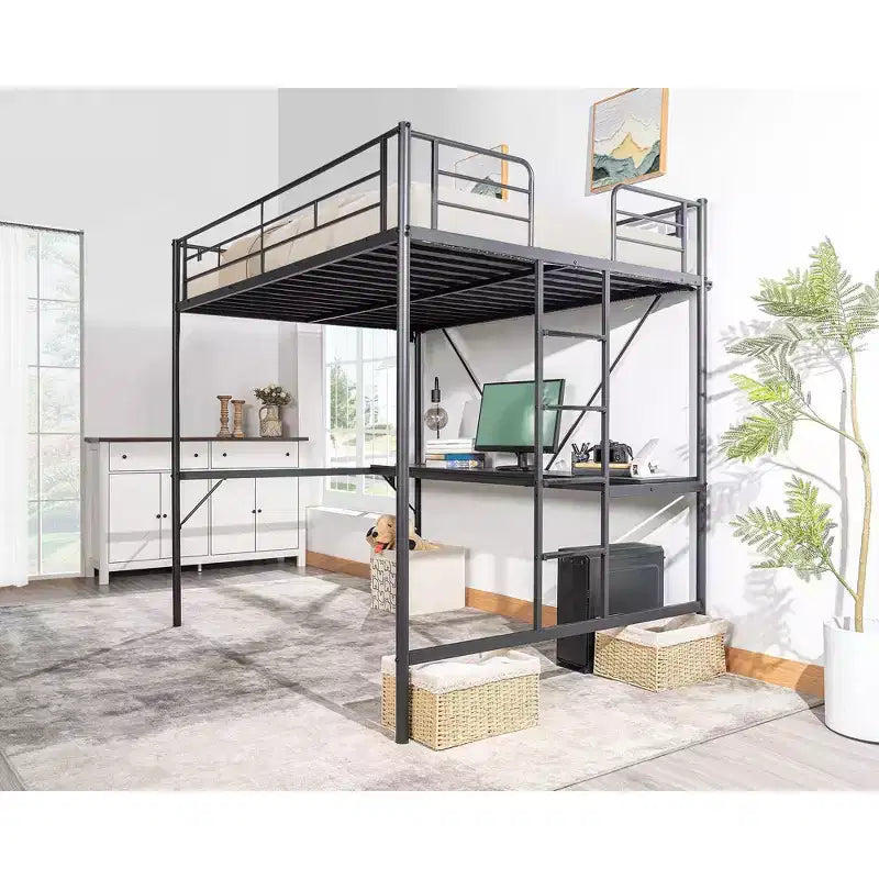 Lit mezzanine double avec bureau, cadre de lit superposé en métal avec lumière LED et 2 stations de charge, avec échelle pour adultes, noir