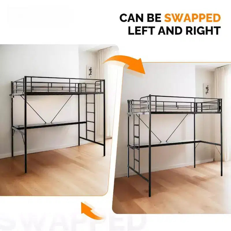 Lit mezzanine double avec bureau, cadre de lit superposé en métal avec lumière LED et 2 stations de charge, avec échelle pour adultes, noir