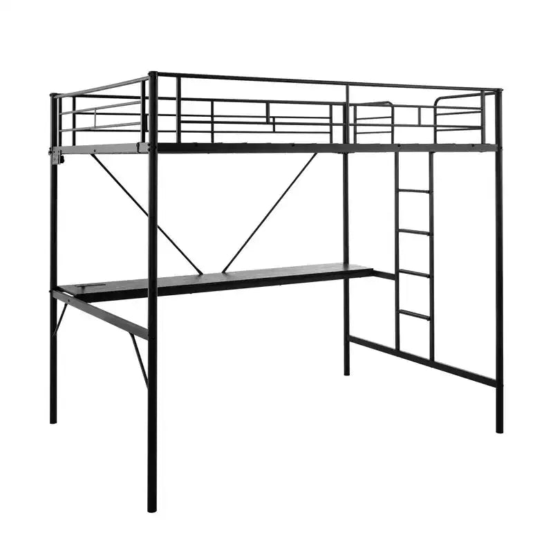 Lit mezzanine double avec bureau, cadre de lit superposé en métal avec lumière LED et 2 stations de charge, avec échelle pour adultes, noir