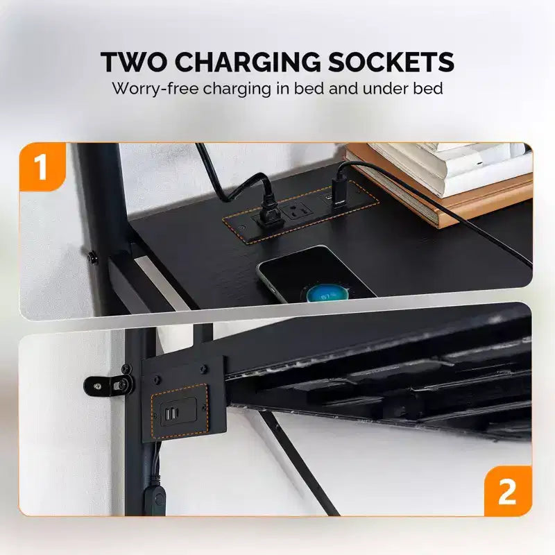 Lit mezzanine double avec bureau, cadre de lit superposé en métal avec lumière LED et 2 stations de charge, avec échelle pour adultes, noir