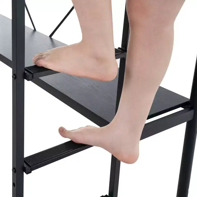 Lit mezzanine double avec bureau, cadre de lit superposé en métal avec lumière LED et 2 stations de charge, avec échelle pour adultes, noir