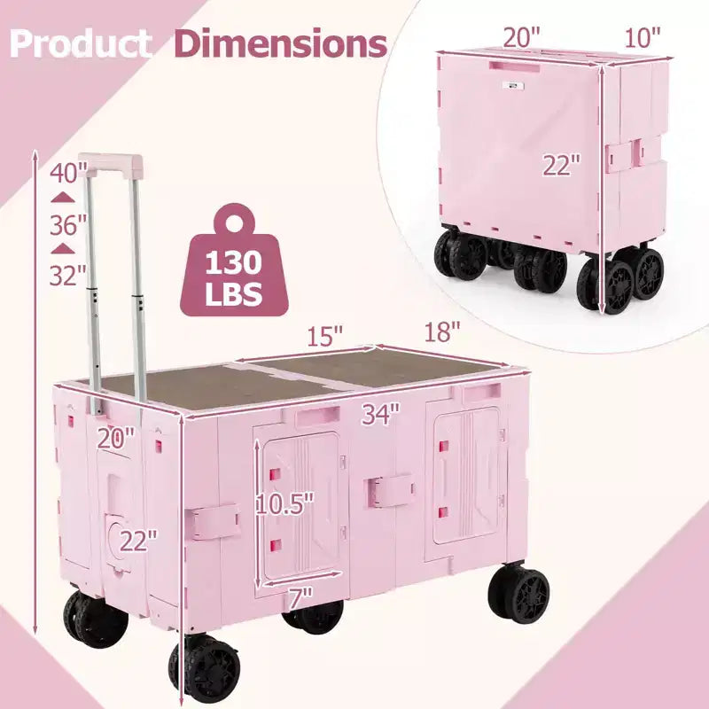 Grand chariot utilitaire pliable avec 2 caisses de rangement à 2 niveaux 5 roues rotatives Métal Noir/Rose/Blanc