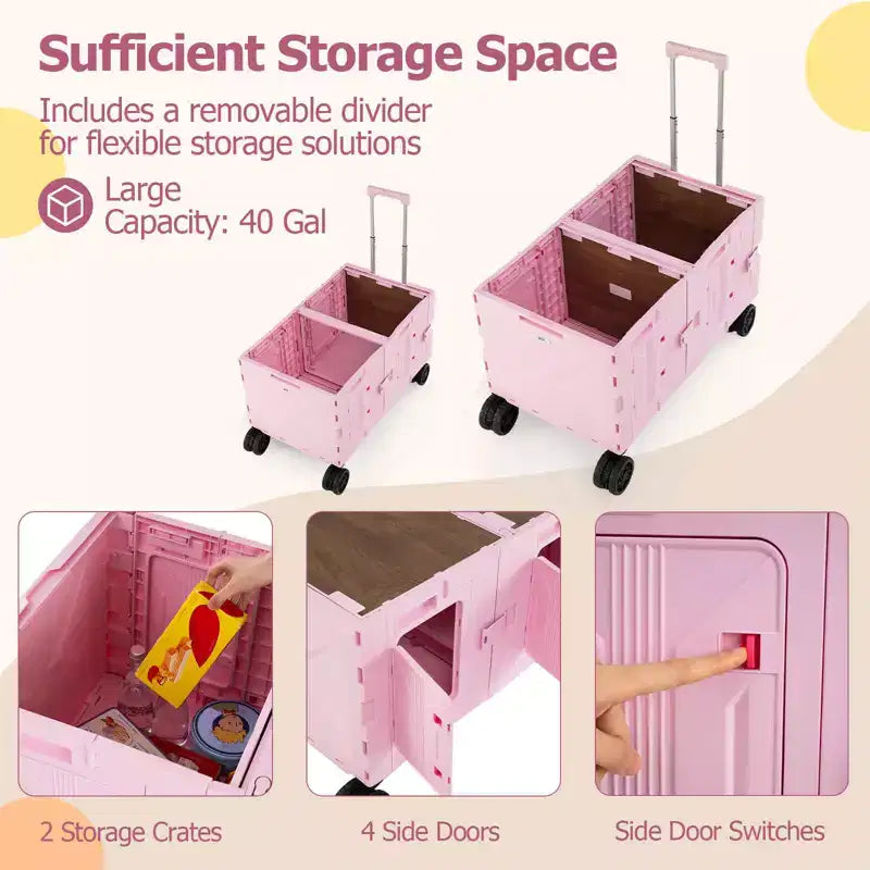 Grand chariot utilitaire pliable avec 2 caisses de rangement à 2 niveaux 5 roues rotatives Métal Noir/Rose/Blanc