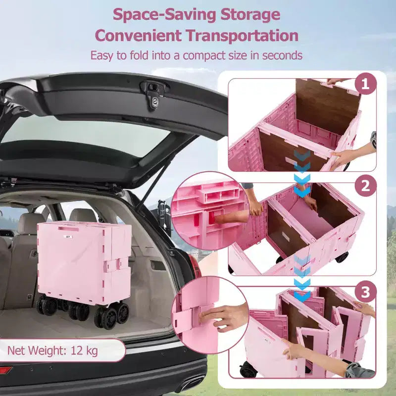 Grand chariot utilitaire pliable avec 2 caisses de rangement à 2 niveaux 5 roues rotatives Métal Noir/Rose/Blanc