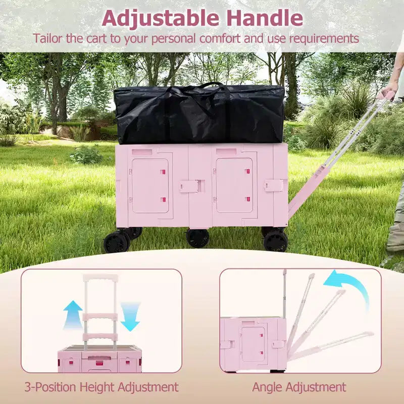 Grand chariot utilitaire pliable avec 2 caisses de rangement à 2 niveaux 5 roues rotatives Métal Noir/Rose/Blanc