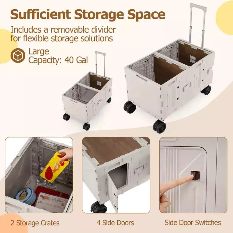 Grand chariot utilitaire pliable avec 2 caisses de rangement à 2 niveaux 5 roues rotatives Métal Noir/Rose/Blanc