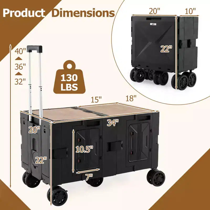 Grand chariot utilitaire pliable avec 2 caisses de rangement à 2 niveaux 5 roues rotatives Métal Noir/Rose/Blanc