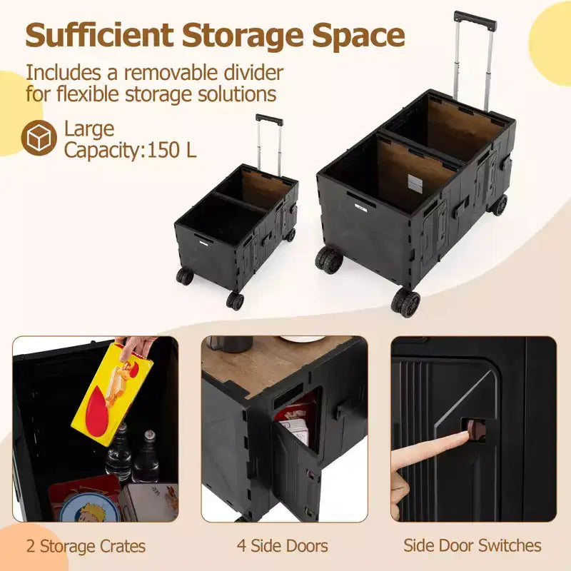 Grand chariot utilitaire pliable avec 2 caisses de rangement à 2 niveaux 5 roues rotatives Métal Noir/Rose/Blanc