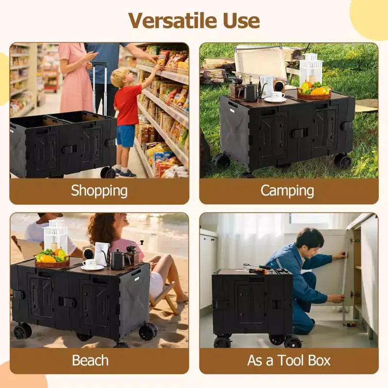 Grand chariot utilitaire pliable avec 2 caisses de rangement à 2 niveaux 5 roues rotatives Métal Noir/Rose/Blanc