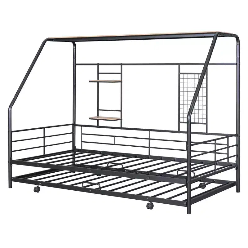 Lit de repos cabane avec lit gigogne et étagère de rangement, cadre de lit robuste pour enfants, adolescents et adultes