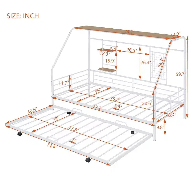 Lit de repos cabane avec lit gigogne et étagère de rangement, cadre de lit robuste pour enfants, adolescents et adultes