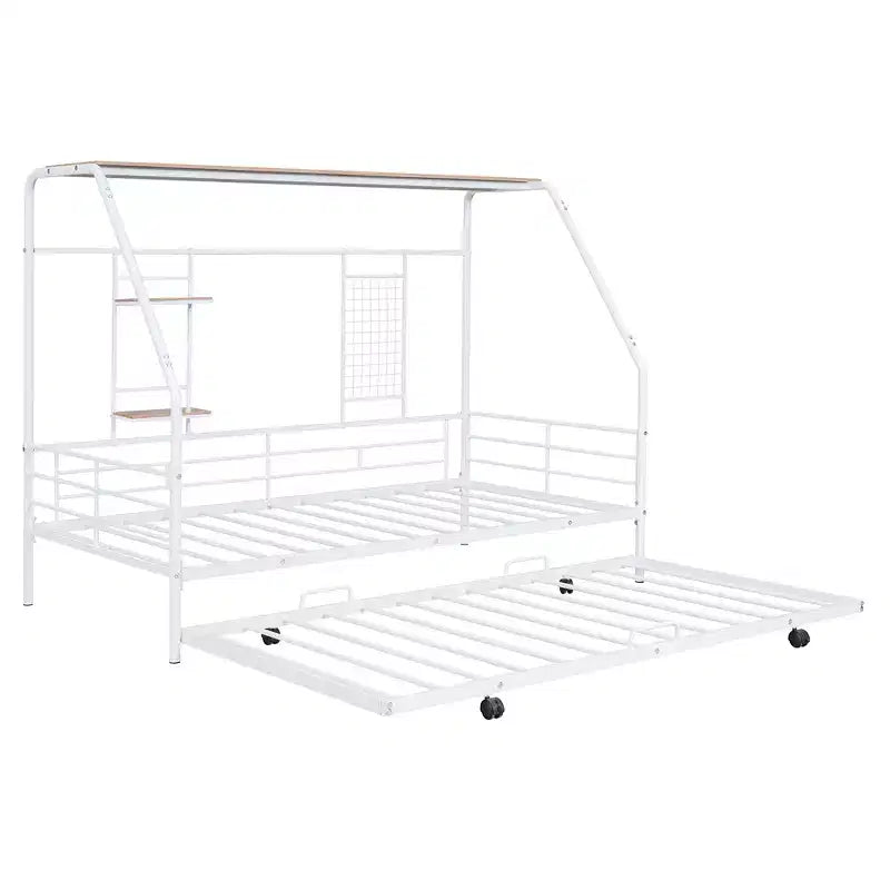 Lit de repos cabane avec lit gigogne et étagère de rangement, cadre de lit robuste pour enfants, adolescents et adultes