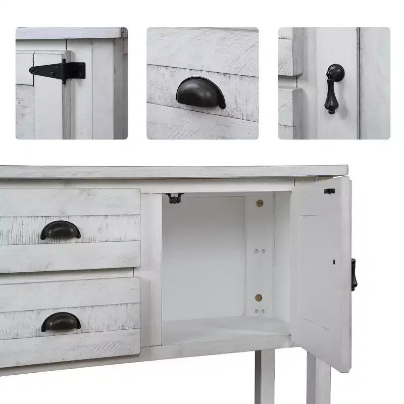 Console de 48 pouces en bois massif avec 2 tiroirs et des armoires pour salon et salle à manger, blanc antique