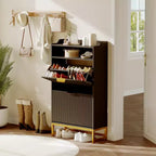 GustoWave Shoe Cabinet with 2 Flip Drawers, Freestanding Narrow Shoe Storage Organizer for Entryway, Wooden Hidden Slim with Open Storage