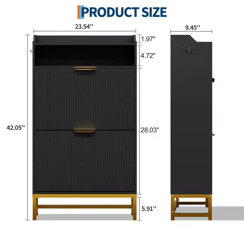 Meuble à Chaussures avec 2 Tiroirs Abattants, Range-Chaussures Étroit sur Pied pour Entrée, Meuble Fin en Bois avec Rangement Ouvert