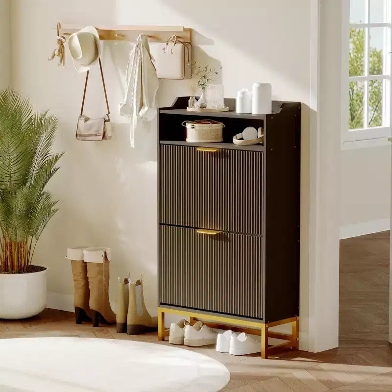 Meuble à Chaussures avec 2 Tiroirs Abattants, Range-Chaussures Étroit sur Pied pour Entrée, Meuble Fin en Bois avec Rangement Ouvert
