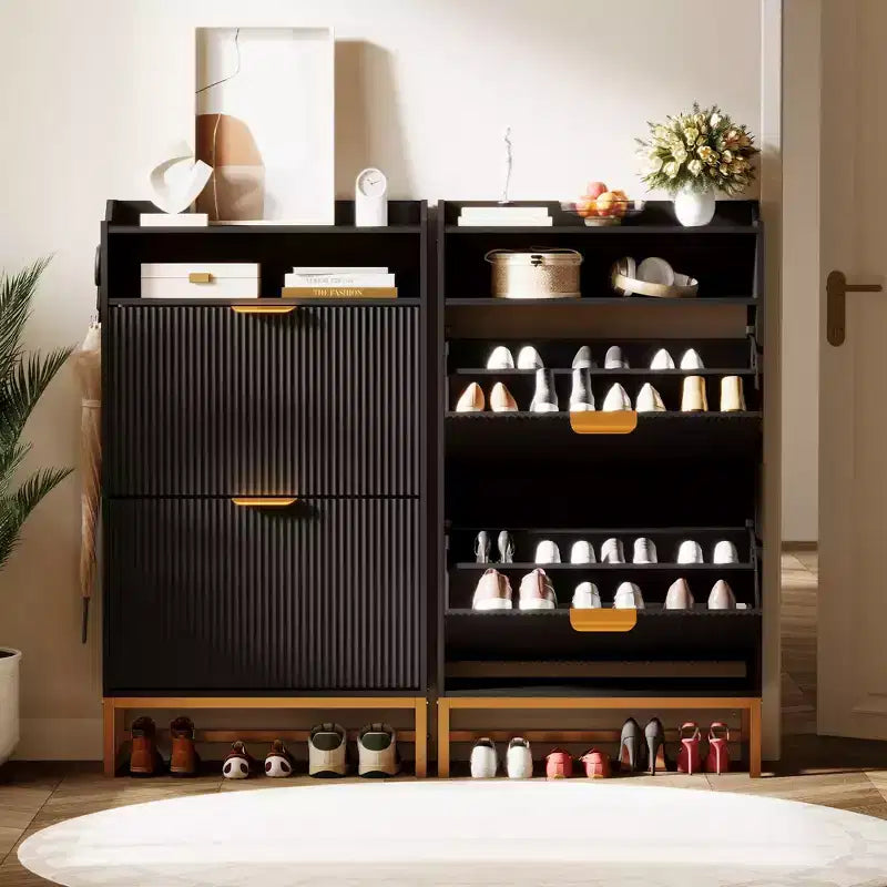 Meuble à Chaussures avec 2 Tiroirs Abattants, Range-Chaussures Étroit sur Pied pour Entrée, Meuble Fin en Bois avec Rangement Ouvert