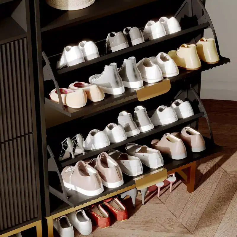 Meuble à Chaussures avec 2 Tiroirs Abattants, Range-Chaussures Étroit sur Pied pour Entrée, Meuble Fin en Bois avec Rangement Ouvert