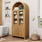 Armoire de cellier arquée de 180 cm de haut, armoires de rangement de cuisine de style ferme avec tiroir caché et étagères réglables, chêne naturel