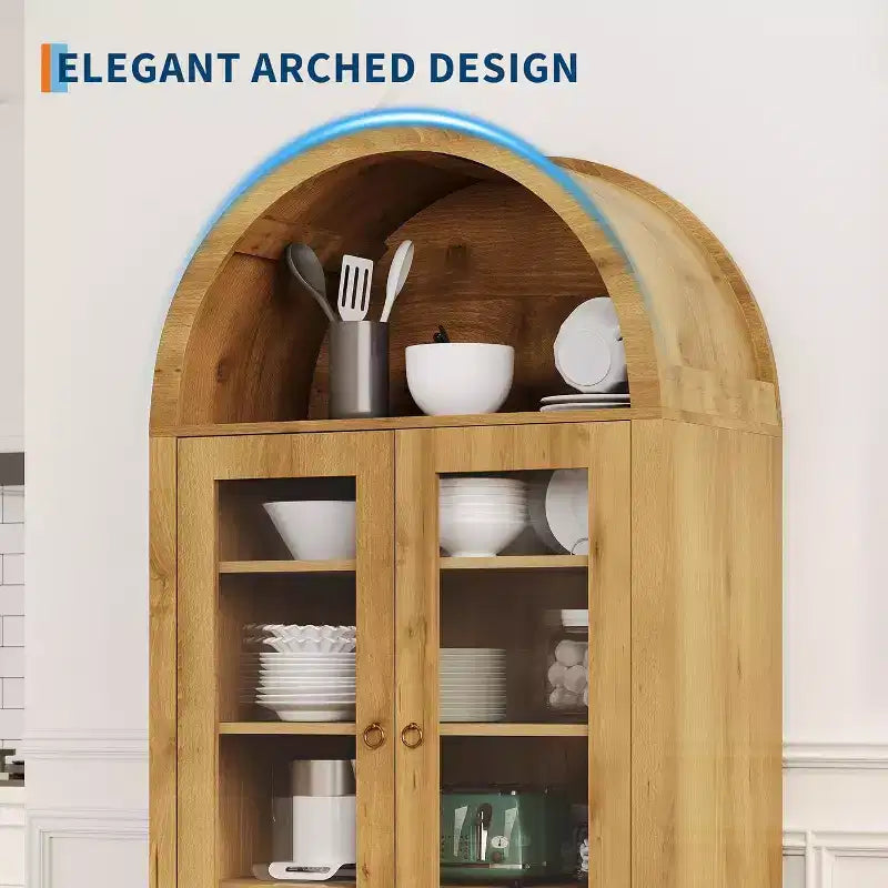Armoire de cellier arquée de 180 cm de haut, armoires de rangement de cuisine de style ferme avec tiroir caché et étagères réglables, chêne naturel